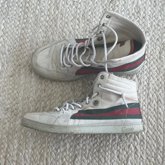 Gucci White High-Top Sneakers with Green and Red Stripe Sz:42 - Picture 2 of 4